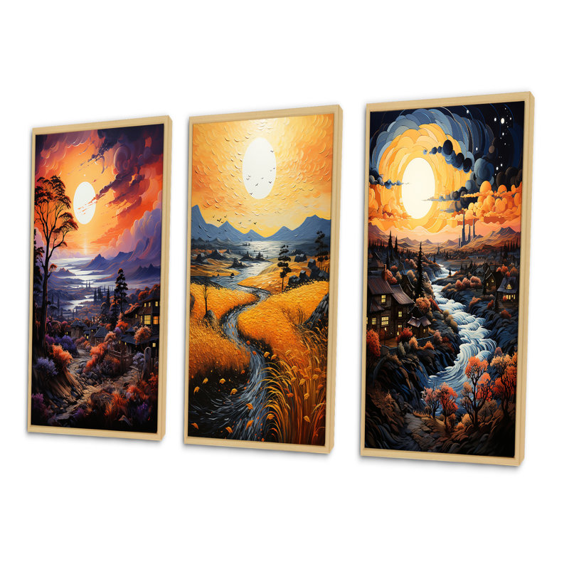 «Vangogh Village At Sunset I», 3 pièces sur toile, Encadré naturel, H 20 po x l 36 po