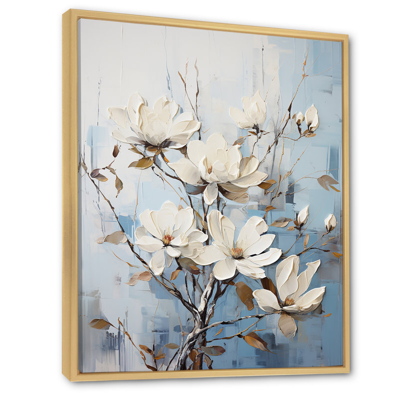 Minimalisme blanc et bleu Magnolias Florescence - reproduction sur toile, Cadre naturel flottant, H 20 po x l 12 po x P 1 po