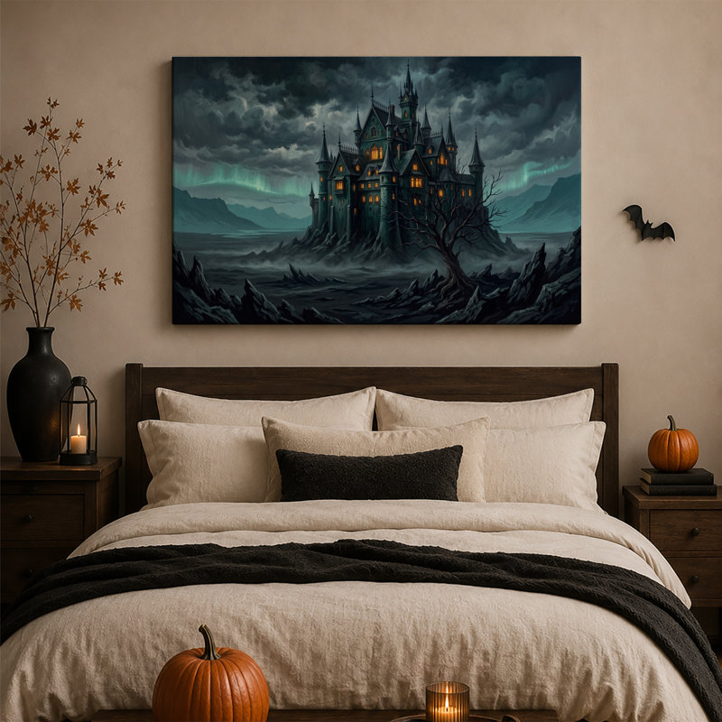 Impression sur toile, château gothique avec fenêtres brillantes sous aurore, H 16 po x l 24 po