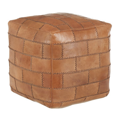 Pouf carré en patchwork en cuir brun avec rembourrage en coton recyclé
