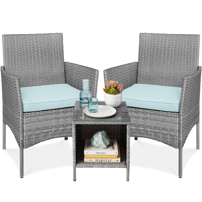 3-Piece Outdoor Wicker Conversation Patio Bistro Set, W/ 2 Chairs, Table, Gray Cushion/Gray Frame