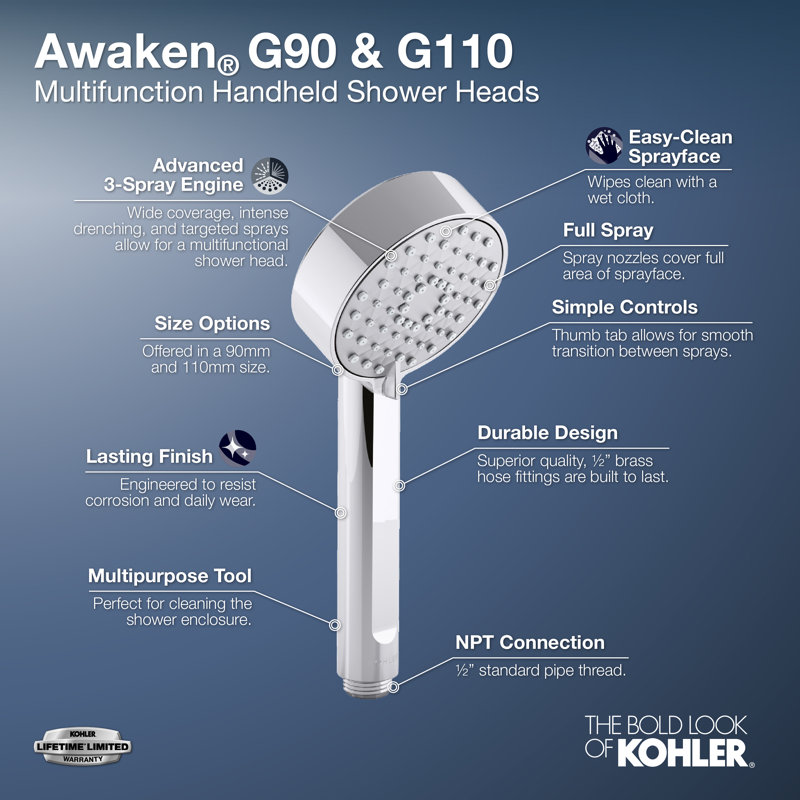 Douchette multifonction Awaken G110, Chrome poli, 2,5 gallons par minute