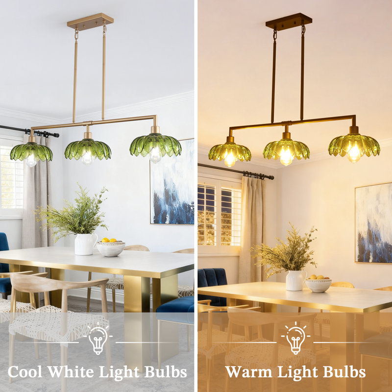 3-Light  42.5'' Dimmable Kitchen Island Rustic Linear Chandelier  French Country Dining Room Pendant with Green Glass Shade