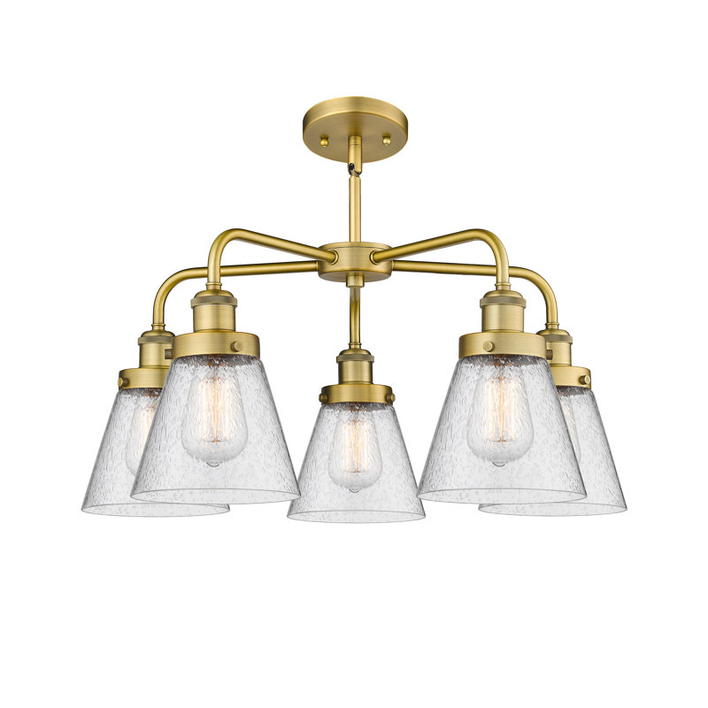 Cone 5 Light Stem Hung Chandelier, Seedy, Brushed Brass