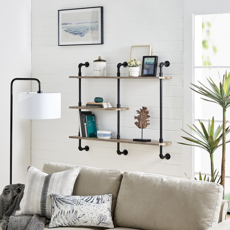 Aurora Rustic Black Iron and Wood 3-Tier Wall Shelf