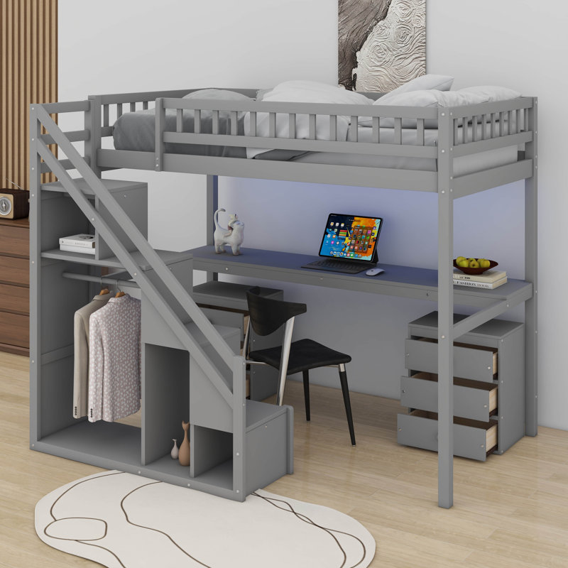 Lit mezzanine simple avec 2 commodes, bande lumineuse et bureau, Gris