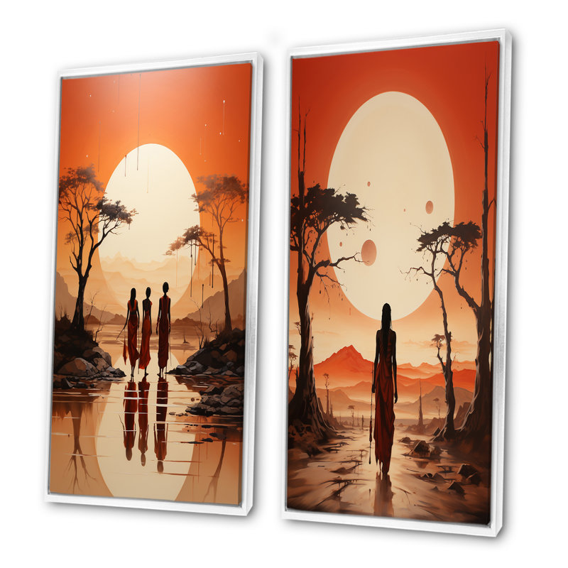 Tribu africaine, ensemble de 2 toiles d'art himba, Cadre blanc, H 32 po x l 33 po