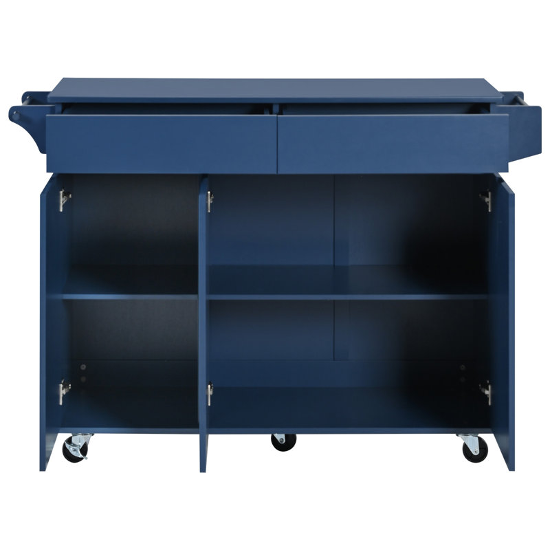 Îlot de cuisine de 53,2 po avec abattant, chariot de rangement de cuisine avec support à épices, porte-serviettes et 2 tiroirs, îlot de cuisine sur roulettes avec tablettes réglables pour la cuisine, la salle à manger, bleu marine