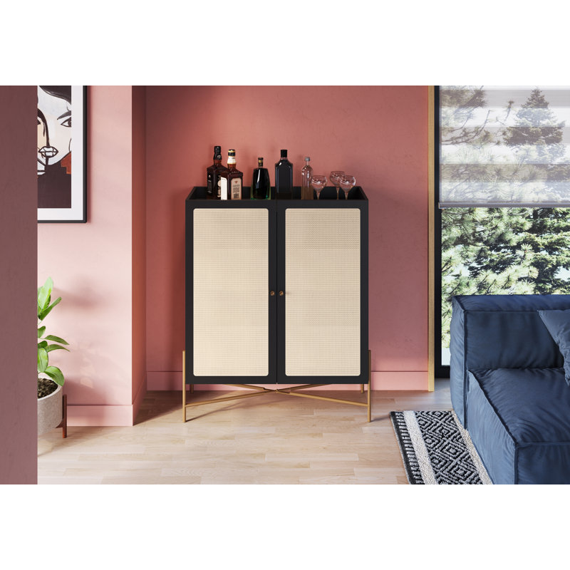 Ulisa 36.6" W x 43" H Bar Cabinet Gold Iron Leg 2 Rattan Door Sideboard, Black