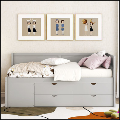 Lit de jour élégant avec tiroirs et tablettes, parfait pour le rangement et pour économiser de l'espace dans les chambres modernes.
