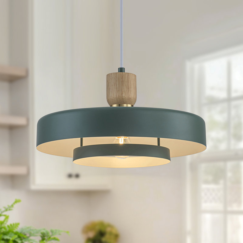 Luminaire suspendu scandinave à 1 lumière avec accents en bois 1 lumière, Vert