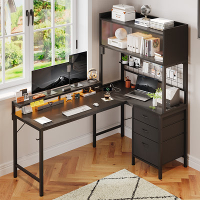 L-Shape Computer Desk 160cm x 50cm x 75cm with Adjustable Storage Rack