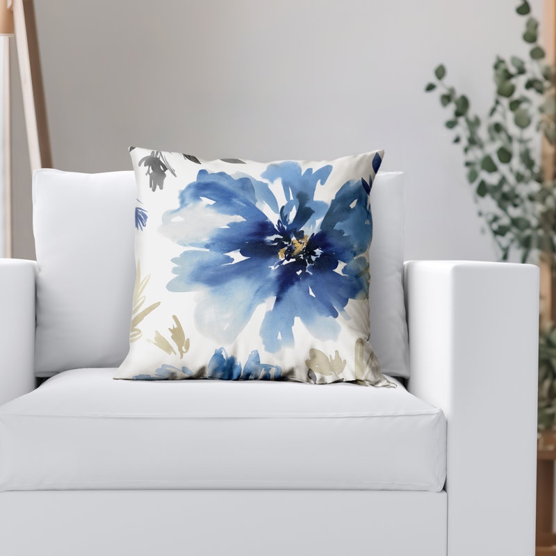 Floral Throw Pillow with Premium Polyester, White/Indigo, Square 20"H x 20"W