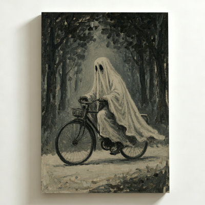Tableau d'Halloween sur toile 40 x 60 cm (16 x 24 pouces) représentant un fantôme à vélo dans une forêt. Impression sur toile texturée, style peinture à l'huile. Décoration murale moderne pour chambre, salon et bureau.