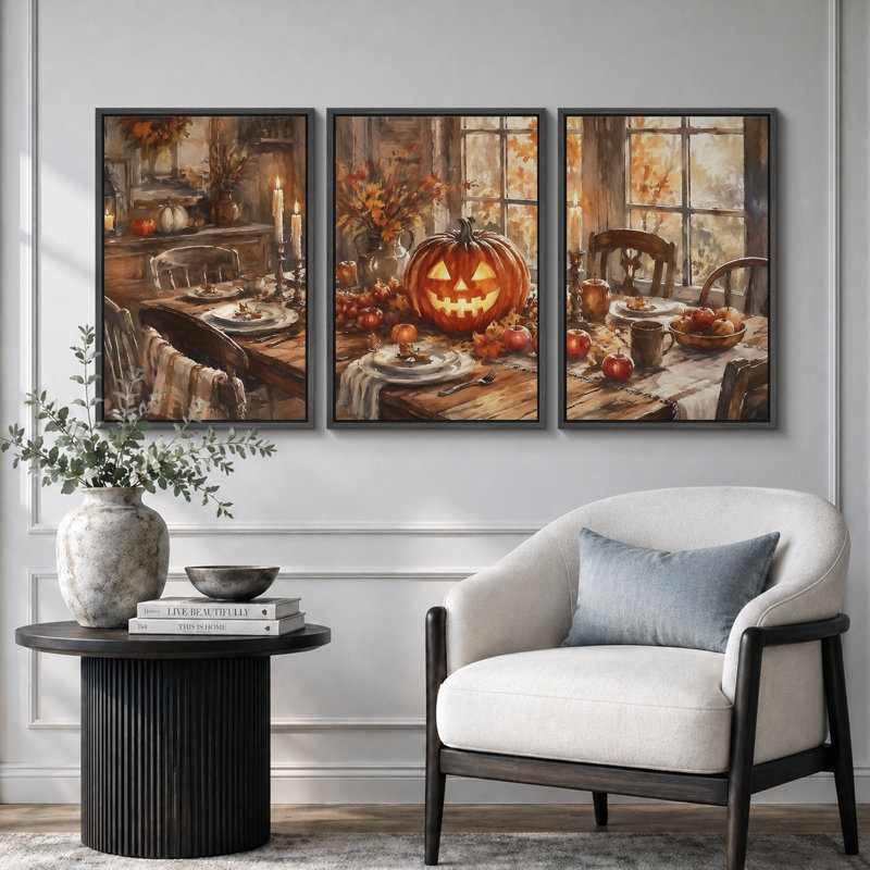 «Rustic Jack O Lantern», art de la salle à manger, photos de la salle à manger, impression sur toile encadrée, impression sur toile, 3 pièces 