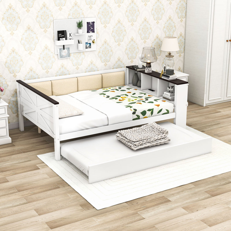 Wooden Daybed with Integrated USB Charging Station, Pull-Out Twin Trundle and Shelves, Full