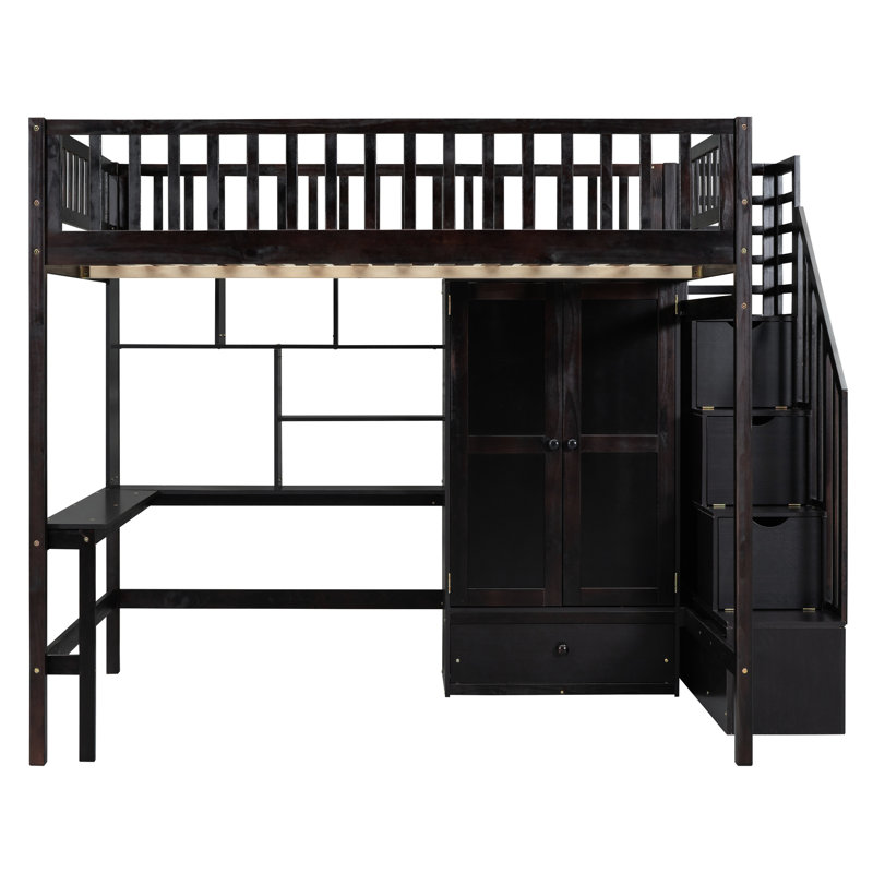 Full Size Loft Bed In With . Bookshelf, Drawers, Desk, And Wardrobe. Strong Solid Pinewood Build. Playhouse Inspired Style. Fence Shaped Decorative Touch. 94.4"L X 57"W 72"H. Mattress Not Included.