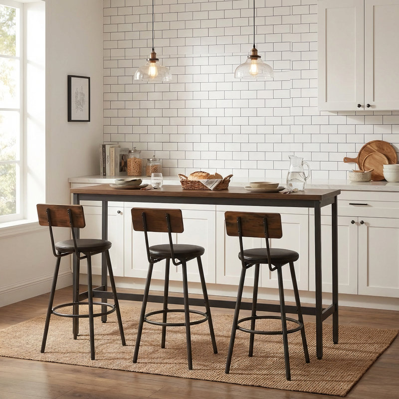 Ensemble 4 pièces de table de bar et chaises avec 3 tabourets rembourrés en polyuréthane brun rustique pour la cuisine, la salle à manger ou le café