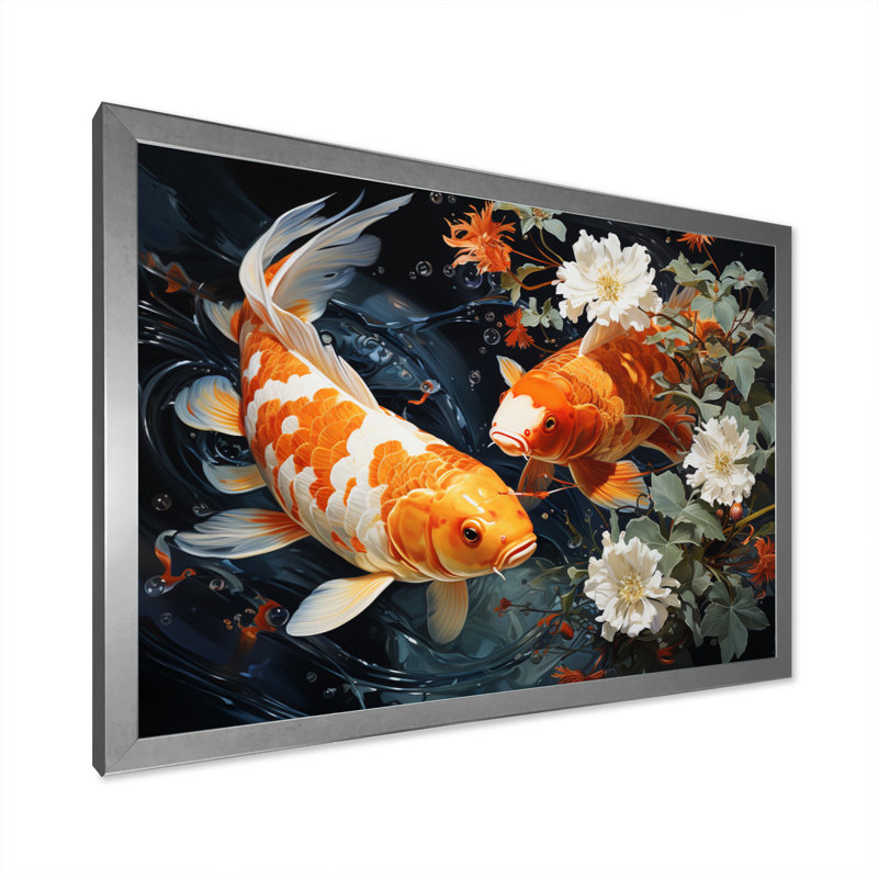 Asian Art Koi Dance II - reproduction d'art, H 30 po x l 40 po x P 1,5 po, Cadre photo argenté