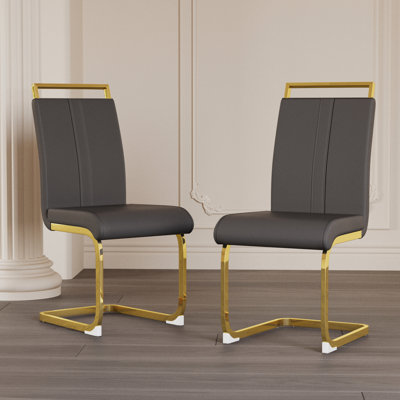 2Pcs Grey Pu Faux Leather Dining Chairs, High Back With Plating Golden Metal Legs And Tube For Kitchen, Office, Room Leather, Patio,