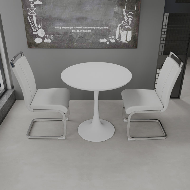 Table de salle à manger 31,5 "circulaire, table à manger tulipe, table de salle à manger pour 2 à 4 personnes et 2 chaises de salle à manger en métal blanc