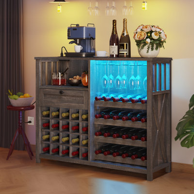 Armoire à vin de 47 po avec porte-verre et support à vin, bar à café avec station de charge et lumière DEL pour cuisine, salle à manger et salon