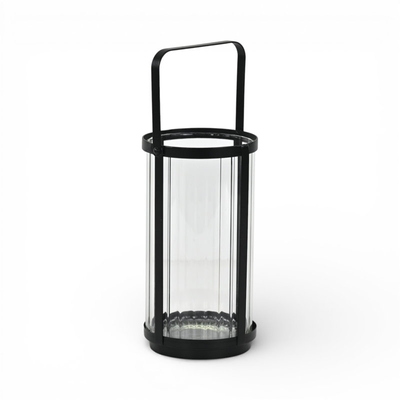 Vortial Black Metal Banded Ridged Glass Lantern, 8.63" H x 4.75" W x 4.75" D, Black