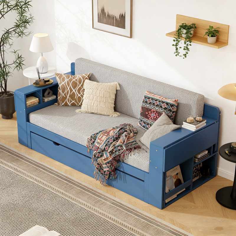 Grand lit de jour avec bureau amovible, Bleu, Grand lit