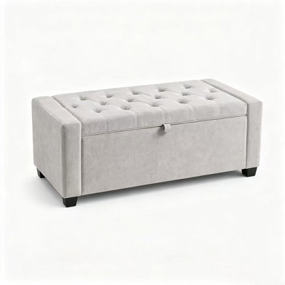 Storage Bench, End of Bed Storage Benches, Chenille Fabric Upholstered Ottoman Bench with Safety Hinge