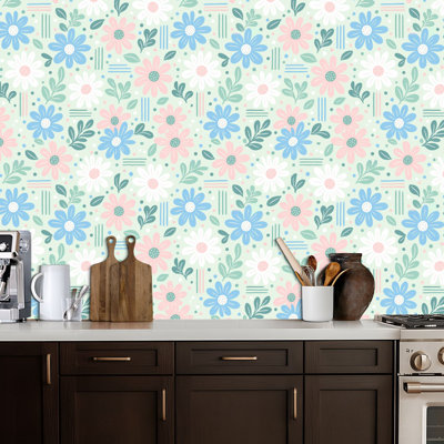 Papier peint auto-adhésif à motif de marguerite à rayures bleues et blanches, menthe, vert, menthe, papier peint amovible, adhésif mural pour armoires de cuisine de chambre