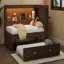 Lit de jour en bois pleine grandeur avec tablettes de rangement, USB, DEL et lit gigogne, couleur bois antique-292634016