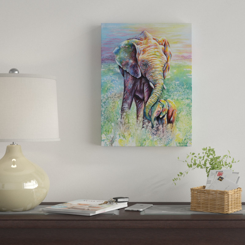 « mère & baby éléphant éléphants arc-en-ciel », reproduction de peinture à l’acrylique sur toile tendue