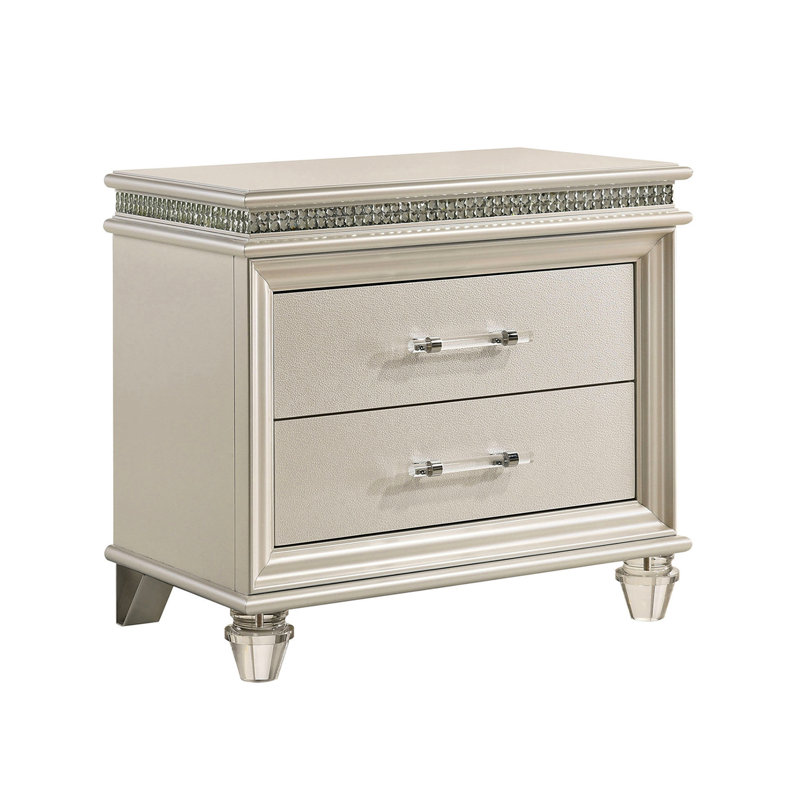 Table de chevet moderne blanc perle, 2 tiroirs, accents de cristal blanc avec accents, poignée en cuir