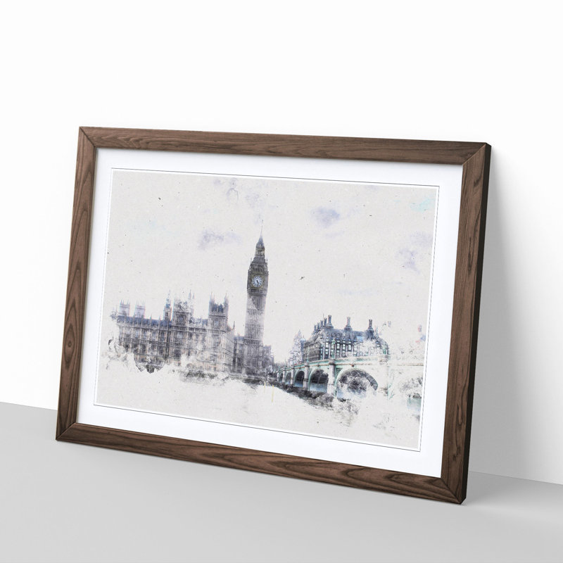 The Houses Of Parliament London Watercolour - Single Picture Frame Print on MDF, 40cm H x 60cm W x 2cm D, Walnut Framed