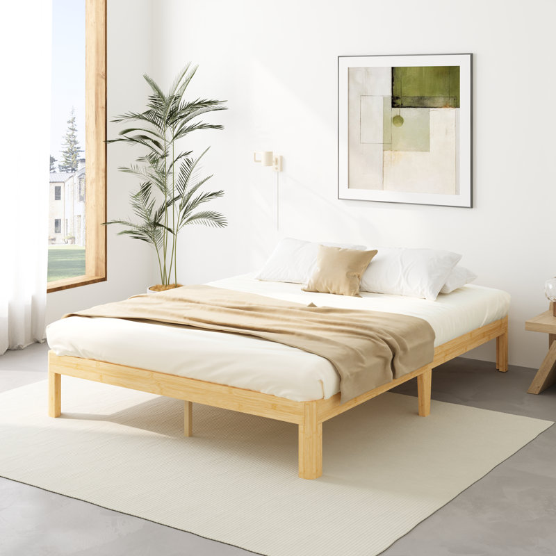 Amylia 14" Heavy Duty Platform queen bed frame, Noise-Free Silent Structure, Zero Formaldehyde Eco-Friendly Varnish, Solid Wood & Bamboo Iron, No Box Spring Required for Bedroom