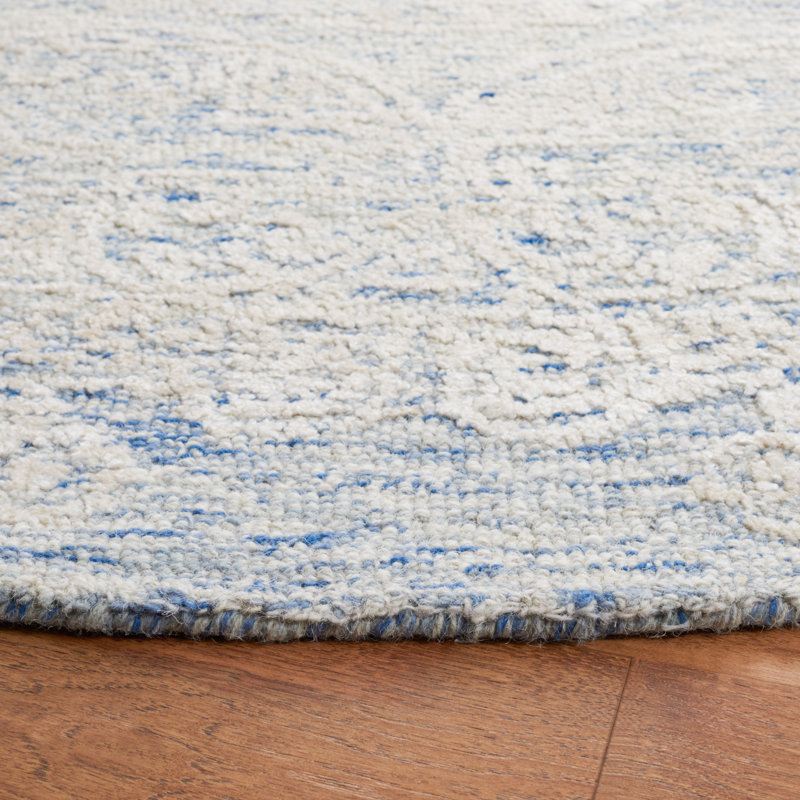 Tapis bleu / ivoire en soie / coton touffeté à la main Batha, Rond 6 pi
