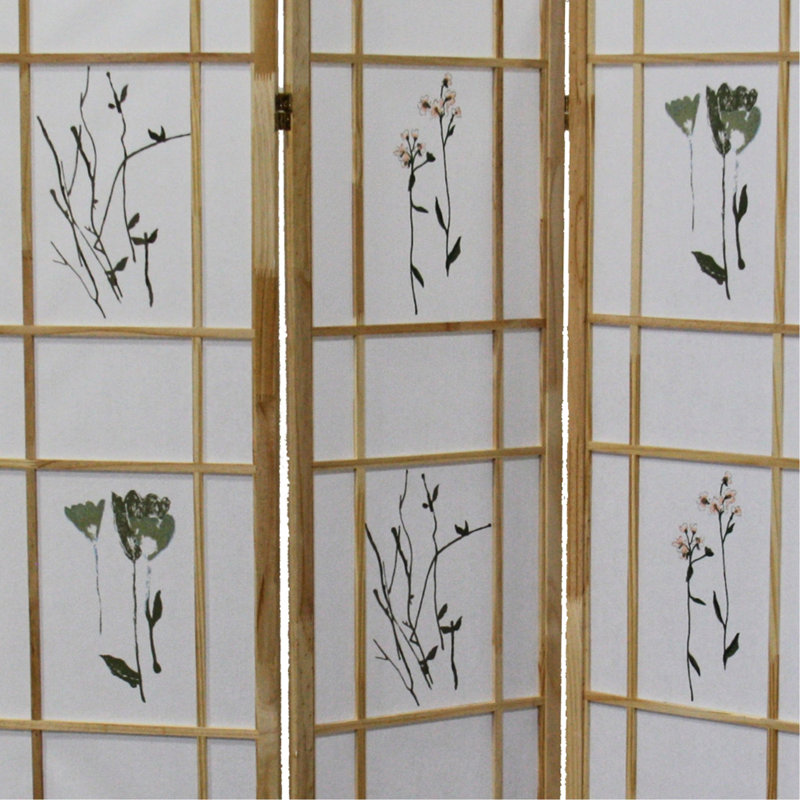 Cloison 3 traditionnelle de style asiatique de 70 po en pin massif naturel avec imprimé floral, paravent 50 po x 70 po H 3 pouces, finition, pin, style asiatique