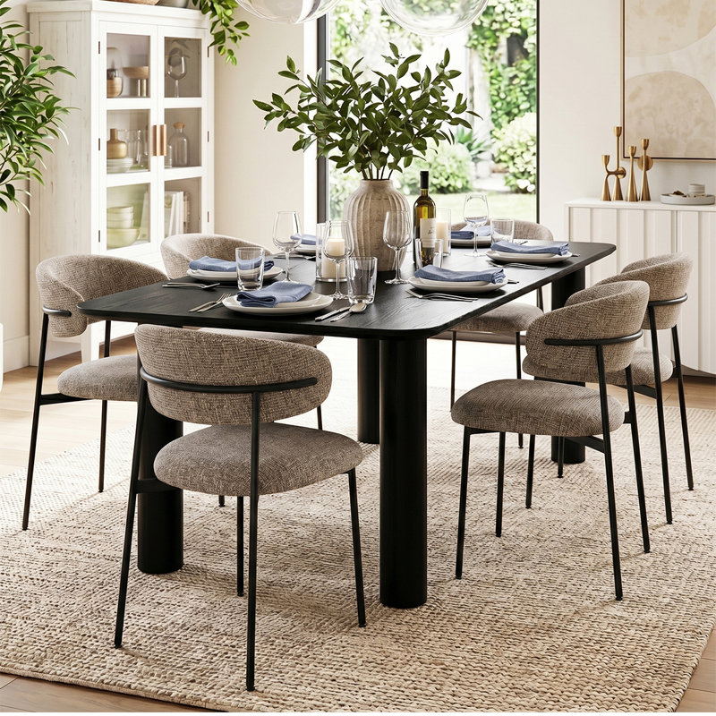 Modern 7-Piece Dining Set With Rectangular Wood Table And Upholstered Curved Back Chairs, Light Brown