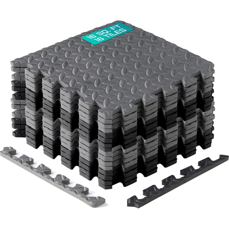 12'' x 12'' x 0.45'' Thick EVA Interlocking Foam Floor Tiles, Non-Slip Floor Matting, Gym Mats for Home Gym, Black/Gray