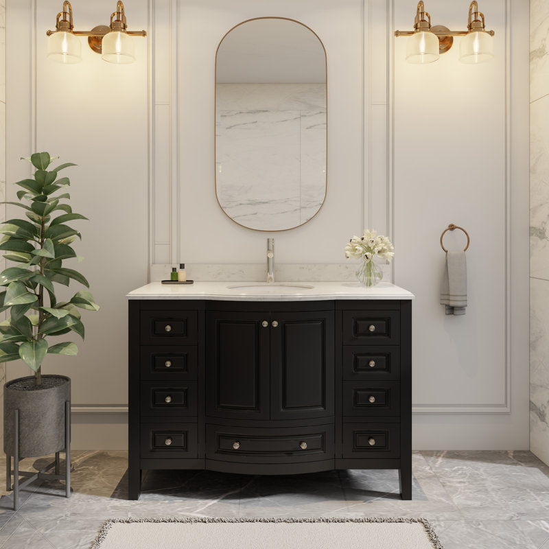 Mandilyn 48" Fully Assembled Single Sink Bathroom Vanity with Engineered Stone Top, Ceramic Sink, Hand Paint, Black