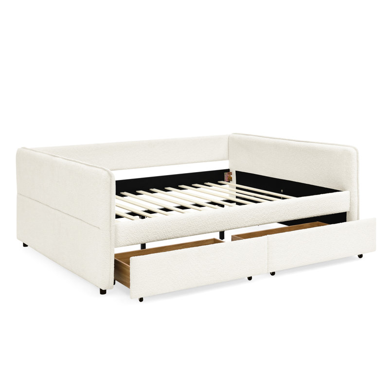 Queen Size, Upholstered Bed, Trundle, Drawers, Beige Boucle Material, Vertical Stripe Design, Back Support Foam, Easy To Assemble Daybed With Trundle And Ample Storage Compartments, Size In Boucle,