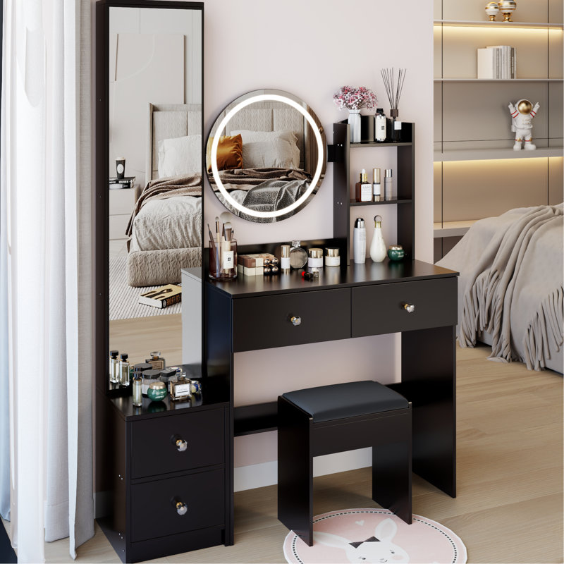 17" Diameter Led Vanity Table With 3 - Color Adjustable Brightness Touch Control Mirror, Full Body Mirror Cabinet And Cushioned Stool, American Design, Material, Black, 42.8 In Depth, 14.44 Width,