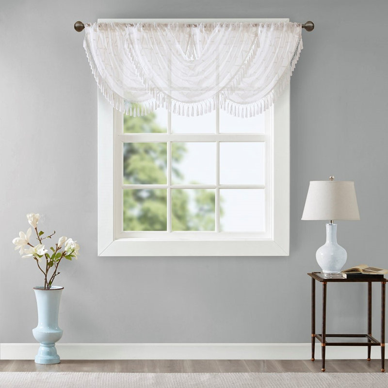 Diamond Sheer Embroidered Waterfall Valance White 38X46", White