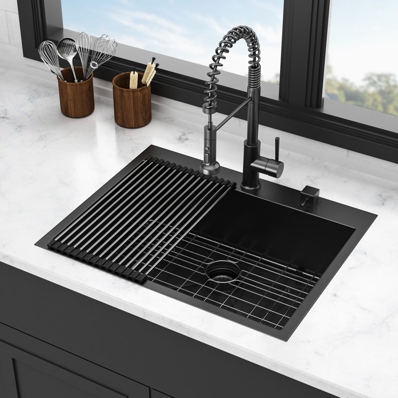 Gunmetal Black Stainless Steel Sink 28X22 - 16 Gauge Single Bowl To Wear Efficient Water Flow Topmount Resists Dents Fast Drainage