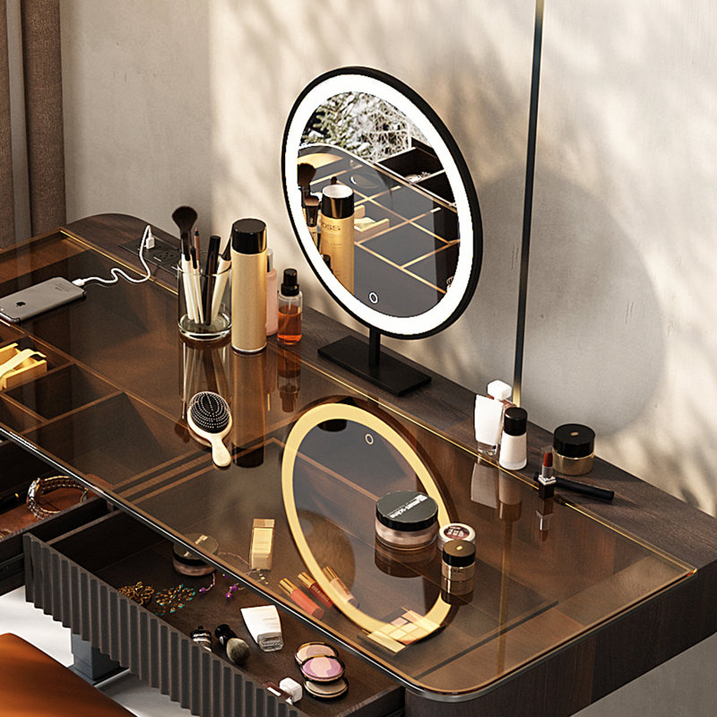 Ensemble de coiffeuse à maquillage, réglable en hauteur, prise de courant USB, plateau en verre, tiroir de rangement