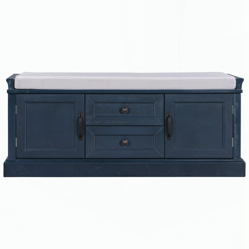 Banc de rangement avec 2 tiroirs et 2 armoires, banc à chaussures avec coussin amovible, Antique Navy