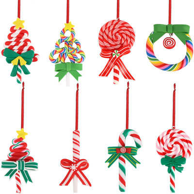 8PCS Christmas Lollipop Hanging Ornaments Polymer Clay Colourful Candy Cane Xmas Tree Decorations