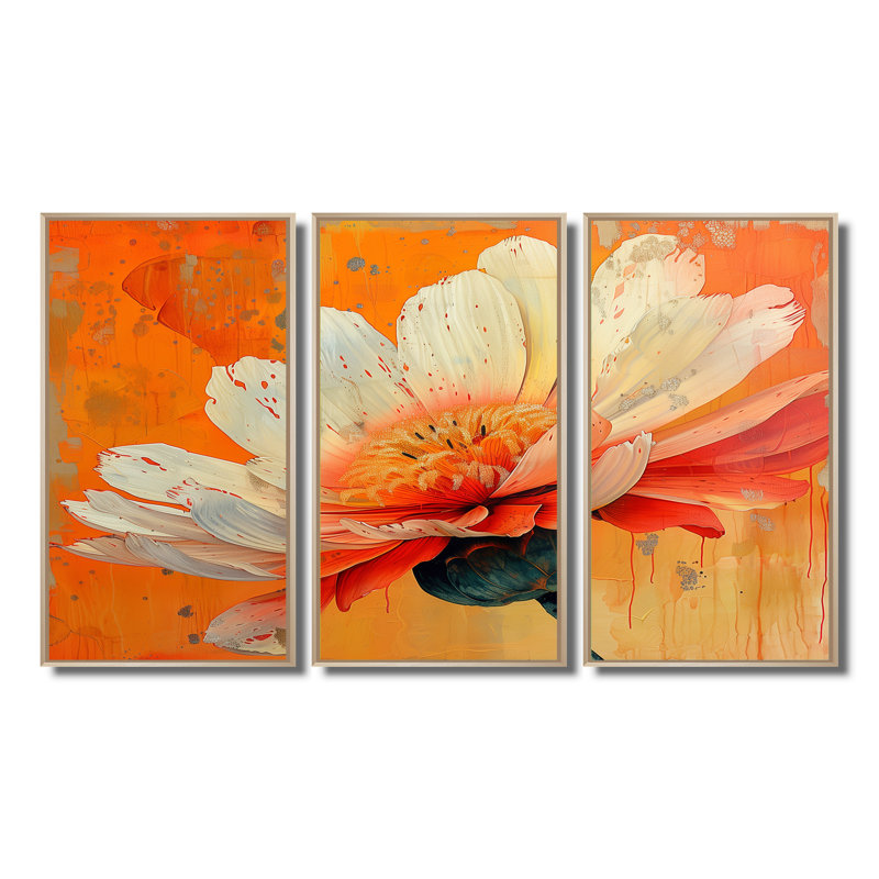 «White Orange Vibrant Burst Marigold», ensemble de reproductions d'art mural souci, Toile naturelle avec cadre flottant