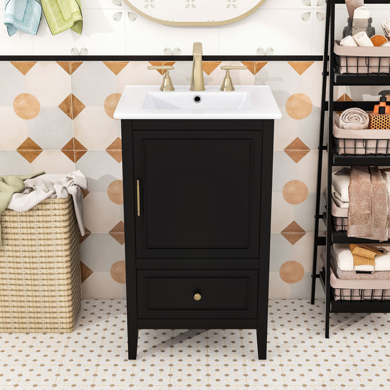 Meuble-lavabo contemporain en bois avec lavabo en céramique lisse, porte à fermeture en douceur et tiroir de rangement, Noir