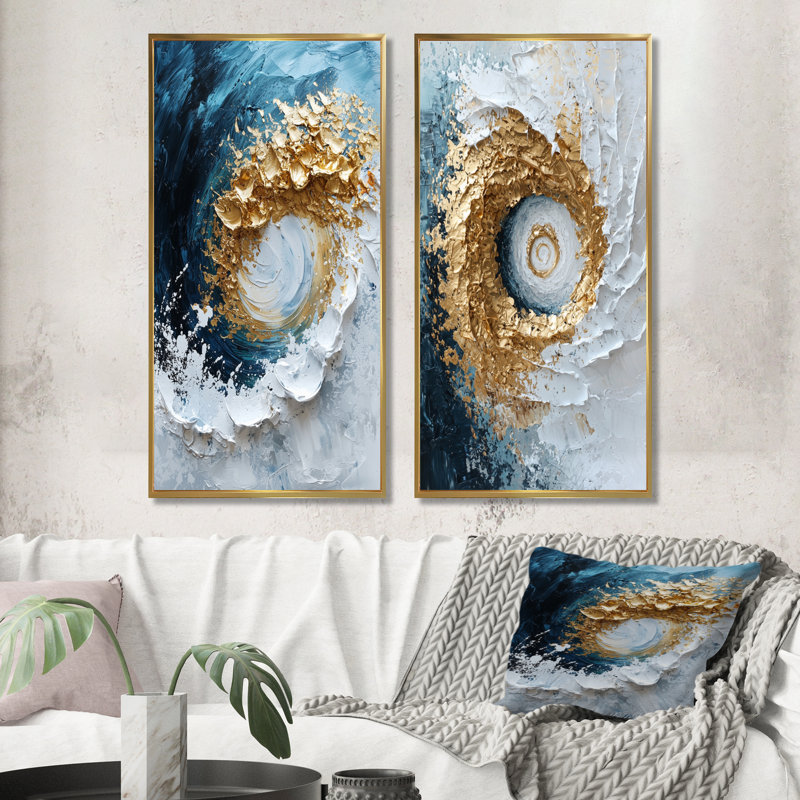 Encre bleue tornade I - ensemble de 2 pièces d'art abstrait en spirales, Cadre flottant doré, H 32 po x l 32 po